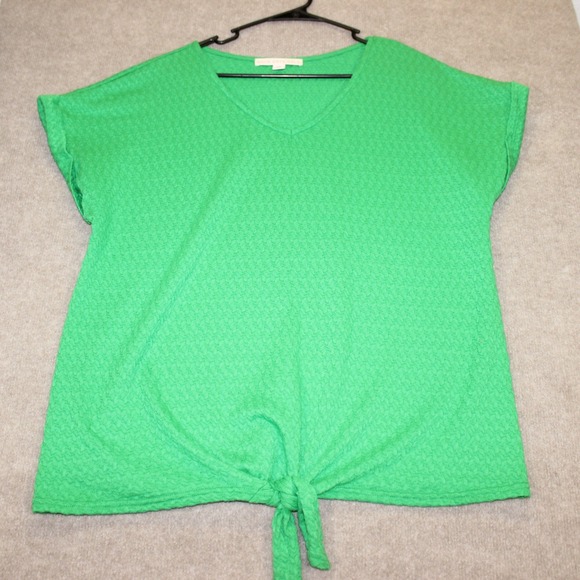 Good Days Only Tops - Good Days Only Green Textured V-Neck Front Tie Knot Short Sleeve Top 1X